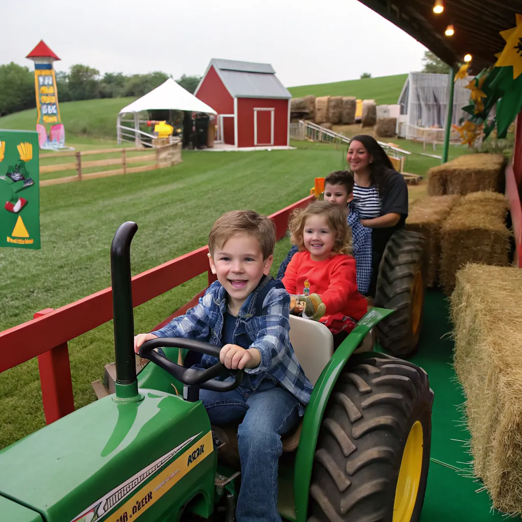 Kids enjoying tractor ride at farm birthday party